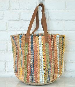 Bolso Tote de Yute a Rayas con Correas de Cuero, Estilo Bohemio, Bolso de Hombro para Mujer, Parte Superior Abierta, Duradero, para Uso Diario en Todas las Estaciones - Product Image 1