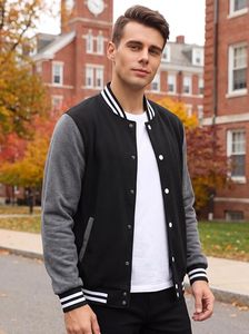 Chaqueta Varsity Negra y Gris para Hombre, Informal, de Forro Polar, Poliéster y Algodón, con Cuello Alto y Botones al Frente, Unisex, Estilo Béisbol - Product Image 2