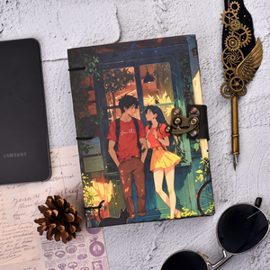 Carnet de notes A5 fait main avec illustration 'Histoire d'amour', écologique, 100 pages, journal d'écriture avec fermoir métallique, agenda artistique haut de gamme - Product Image 1