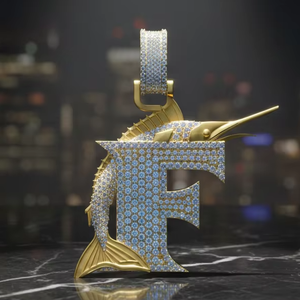Colgante Personalizado con Letra F en Forma de Pez, Chapado en Oro de Dos Tonos 925, con Diamantes Micro Pavé y Acabado Pulido - Product Image 1