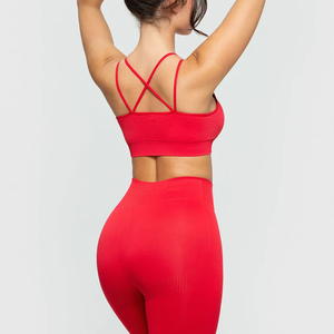 <b>Red</b> Seamless Yoga Set High Waist Leggings <b>Crop</b> <b>Top</b> Crisscross Straps Scoop Neck Four-Way Stretch Sportswear Women Full Length - Product Image 3