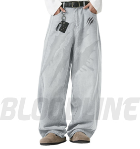 Wide Leg Denim Pants Mid Waist Loose Fit Full Length Casual <b>Style</b> Solid Color with Pockets Left Leg Logo <b>Spray</b> Spring Wear - Product Image 4