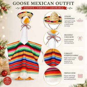 Garden Goose Outfit Mexican Fiesta Serape <b>Poncho</b> Straw Sombrero Rainbow Stripe Fringe Porch Statue Decor Holiday Party - Product Image 2