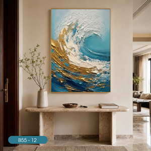 Peinture murale en soie de luxe très vendue, décoration intérieure, tissu en soie fait main, motif vague océanique or et blanc, modèle OEM ODM Vietnam - Product Image 4