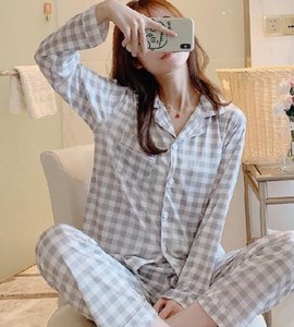 Ensemble de pyjama à manches longues à carreaux pour femmes, 100% coton, boutonné sur le devant, vêtements de nuit décontractés, deux pièces, longueur complète, col rabattu - Product Image 4