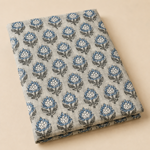 Tissu en coton imprimé à la main, motif floral lotus gris-bleu, doux et respirant, idéal pour la confection de robes, de kurtas et la décoration intérieure. - Product Image 1
