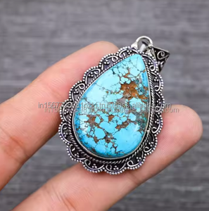 Pendentif Turquoise naturelle 925 argent Sterling massif femmes pendentif en pierres précieuses Boho bijoux pendentif pour collier cadeau parfait elle - Product Image 1