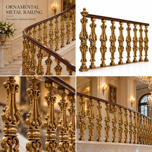 Rampe d'escalier en métal doré orné avec balustres baroques complexes et main courante en bois foncé pour intérieurs de luxe - Product Image 5