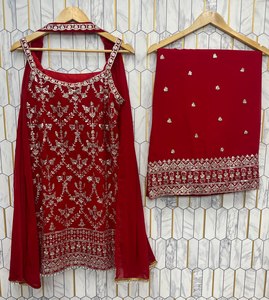 Premium Faux Georgette Embroidered Palazzo <b>Suit</b> Set with Heavy Sequin Work and <b>Fancy</b> Lace Dupatta Export Quality - Product Image 5