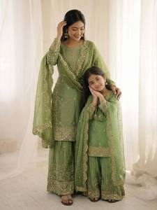 Ethnic <b>Silk</b> Salwar Kameez Set Lace Border Dupatta Palazzo Suit for Women Girls Party Wedding Wear - Product Image 6