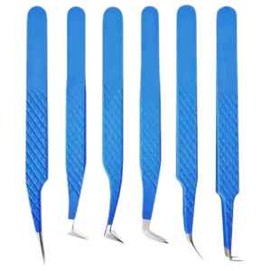 Pinzas para Pestañas DANTRIC IMPLANTS, Juego de 6 Piezas de Acero Inoxidable Azul, Punta Puntiaguda de Precisión de 10 mm, Textura Suave para Extensión de Pestañas - Product Image 1
