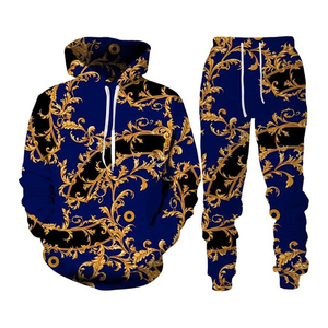 Pantalones Deportivos para Hombre, Estampado Floral Azul Dorado, Cierre con Cordón, Bolsillos Laterales, Ropa Casual de Otoño, Poliéster, Corte Regular, Largo Completo - Product Image 1