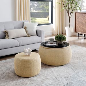 2-in-1 Round Storage Ottoman Woven Rattan Fabric with Small <b>Seat</b> Work & End Table Nature-Inspired 25"x2" <b>Stool</b> & Ottoman - Product Image 2