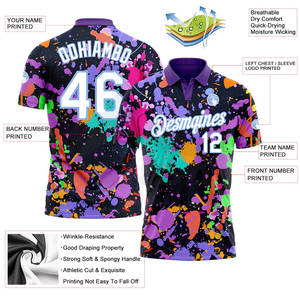 Polo de Golf Deportivo con Diseño de Graffiti Personalizado en Blanco y Azul Claro, con Salpicaduras 3D, de Alto Rendimiento y Absorción de Humedad - Product Image 3