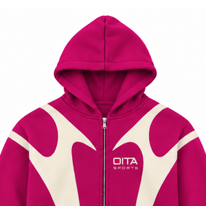 Magenta Contrast Panel <b>Zip</b> <b>Up</b> Hoodie <b>Men</b> Streetwear Full Zipper Long Sleeve Custom Casual <b>Fleece</b> Hooded Jacket With Pockets - Product Image 3