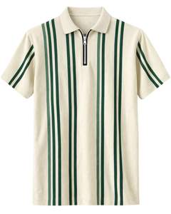 Camiseta Polo Personalizada para Hombre con Media Cremallera y Rayas Verticales Verdes, Top Casual de Manga Corta de Punto, Fabricante Personalizado OEM - Product Image 1
