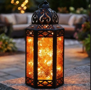 Linterna LED de Metal Vintage, Decorativa para Halloween, Luz Colgante, Vidrio con Patrón Ámbar, Funciona con Batería, Decoración para Hogar, Jardín y Mesa - Product Image 1