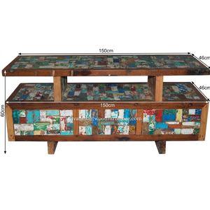 Meuble TV en bois de bateau récupéré, 3 tiroirs, style double plateau, patchwork, bois recyclé, design durable pour support TV - Product Image 2