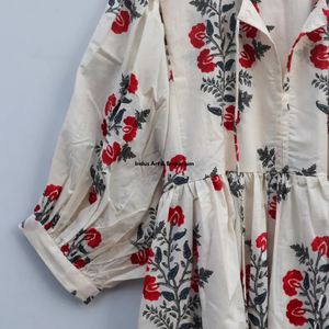 Belle robe en coton imprimée à la main avec motifs floraux pour un usage décontracté, beige, été, séchage rapide - Indus Art & Emporium - Product Image 6