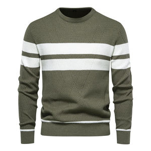 Men's Crew Neck Striped Knitted Pullover Regular Fit Casual Autumn Wear Blue White Color Block Long Sleeve Sweater - Product Image 3