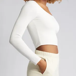 <b>White</b> <b>Long</b> <b>Sleeve</b> <b>Crop</b> <b>Top</b> O-Neck Knitted Slim Fit Casual Solid Color T-Shirt - Product Image 2