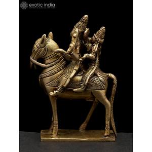 5-Inch Handmade Brass Sculpture of <b>Shiva</b>-Parvati Astraide a Horse Made in India Brass <b>Statue</b> for Home and Temple - Product Image 4