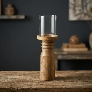 Portavelas de Madera de Diseño Artesanal con Campana de Vidrio para Velas de Pilar, Decoración Rústica para Mesa Redonda - Product Image 2