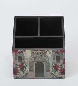 Printed Wood Cutlery Caddy 3 Compartment Tableware Organizer Kitchen Countertop Storage <b>Box</b> Spoon Fork Holder <b>Floral</b> Design - Product Image 3