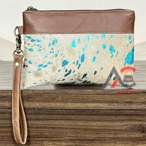 Custom Metallic Turquoise Cowhide Leather <b>Wristlet</b> Clutch Wallet for Women's Western Style Genuine Leather Zipper Hand Pouch Bag - Product Image 1