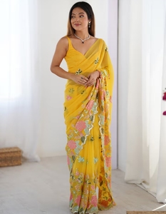 KV Women's Traditional Rayon Georgette Yellow Embellished Designer Wrinkle-Free Quick-Dry Autumn <b>Saree</b> Unstitched <b>Blouse</b> for - Product Image 2