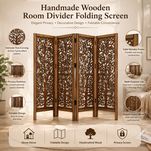 Handmade Wooden Room Divider Folding Privacy <b>Screen</b> Decorative Carved <b>Partition</b> Panel | Freestanding Home Office Decor Divider - Product Image 5