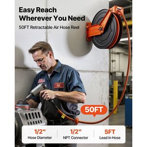 Avvolgitubo Industriale Retrattile in Gomma da 1/2 Pollice x 50 Piedi per Compressore, Avvolgimento Automatico con Cavo di Alimentazione da 5 Piedi, Pressione Massima 300 PSI - Product Image 2