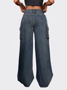 Jean cargo en denim déchiré taille haute pour femme, coupe ample, longueur intégrale, style streetwear, idéal pour l'automne, 100 % coton - Product Image 2