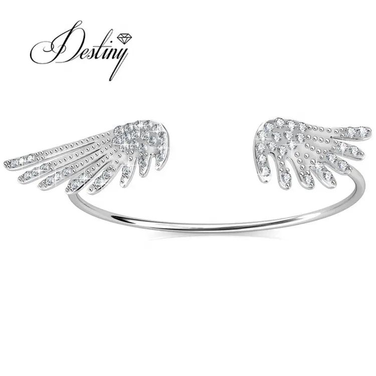 Joias de cristal prateadas para mulheres, bracelete com asas de anjo, pulseira aberta e feita em prata, 925