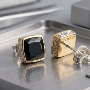 Boucles d'oreilles en onyx noir taille coussin avec zircone cubique 10MM en argent sterling 925 plaqué or 18 carats, bijou classique, cadeau pour elle - Product Image 4