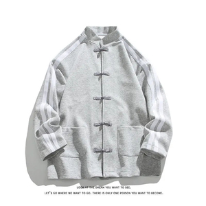 Camisa Chaqueta de Hombre Estilo Chino con Cuello Mandarín, Negra, de Poliéster, Corte Holgado, Otoño, Color Sólido, Botones Cubiertos, Manga Regular - Product Image 6
