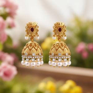 Matte Gold Drop Jhumka Earrings with Pearl and Diamond for Wedding Party Gift - Product Image 3