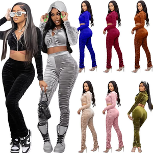 Women <b>Black</b> <b>Velvet</b> Hooded <b>Crop</b> <b>Top</b> Tracksuit Full Length Pants Casual Autumn Wear Four-Way Stretch Skinny Fit - Product Image 5