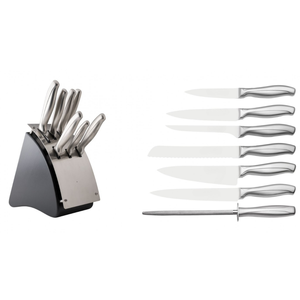 Juego de Cuchillos de Cocina Premium de 7 Piezas con Bloque de Almacenamiento Negro, Hojas de Acero Inoxidable, Mangos Ergonómicos Plateados y Afilador - Product Image 1