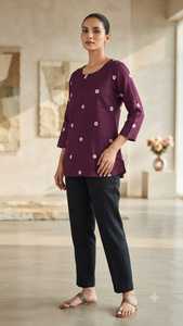 Trendy Mustard Slub Cotton Short Kurtis With Embroidery Regular Fit Traditional <b>Indian</b> Pakistani Casual Wear Tunic <b>Top</b> for Women - Product Image 2