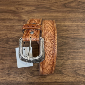 New Arrival Hand Carved Floral Engraved Unisex Top Grain Western <b>Leather</b> <b>Tooling</b> <b>Belt</b> with Designer Brass Buckle Set - Product Image 5