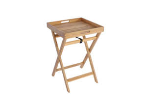 Mesa de té de acacia hecha de madera maciza con una superficie lisa y bordes elevados para servir té y aperitivos. - Product Image 5
