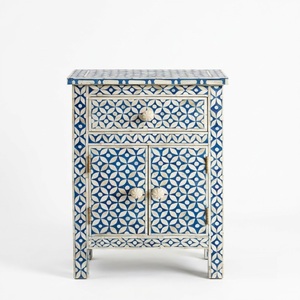 Mesita de noche con incrustaciones de hueso, diseño geométrico de estrellas azules, 1 cajón, 2 puertas, mueble auxiliar para dormitorio, decoración de muebles de hotel - Product Image 1