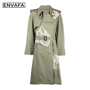 Chaqueta Cortavientos Personalizada al por Mayor, Gabardina de Primavera Personalizada con Costuras de Encaje, Abrigos Largos Verdes de Doble Botonadura con LOGO - Product Image 3
