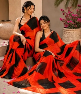 Sari KV para Mujer, Estampado Shibori Naranja y Negro, Rayón Puro, Secado Rápido, Otoño - Product Image 4