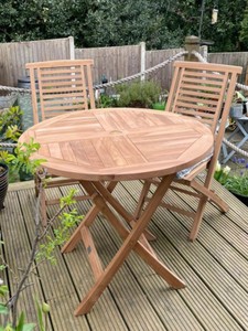 Round Folding Outdoor <b>Table</b> Solid Wood Patio <b>Dining</b> <b>Desk</b> Garden Furniture - Product Image 4