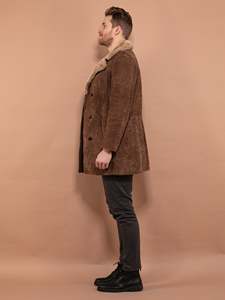 <b>Men's</b> Brown Suede <b>Leather</b> <b>Jacket</b> With Faux Fur Lining Turn-down Collar Double Breasted Windproof Winter Coat Casual Style - Product Image 2