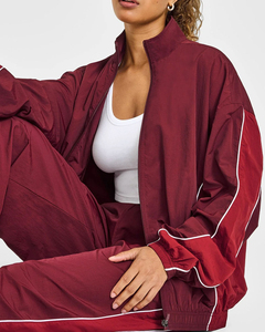 Maroon Red Solid Lightweight Sporty Summer Windbreaker Jacket <b>Jogger</b> Pants Set Drawstring Closure Windbreaker Tracksuit - Product Image 2