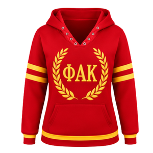 Sudadera con capucha PDK para mujer, roja y dorada, con corona de laurel, letras griegas, cuello en V, estilo universitario, manga a rayas, para hermandades - Product Image 3