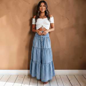 Women's <b>Denim</b> <b>Knee</b>-<b>Length</b> <b>Skirt</b> A-Line Ruffle Button Front Regular Fit Solid Color Casual Winter Knitted Waist Washed Cotton - Product Image 1